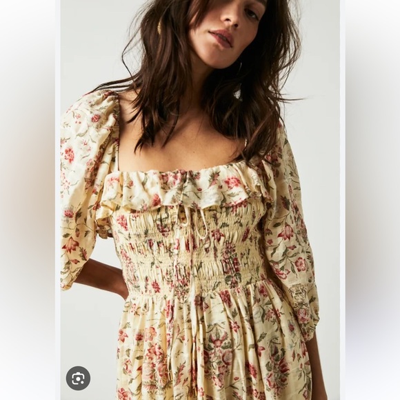 Free People Printed Oasis Shirred Smocked Square Neck Midi Dress - Picture 3 of 7
